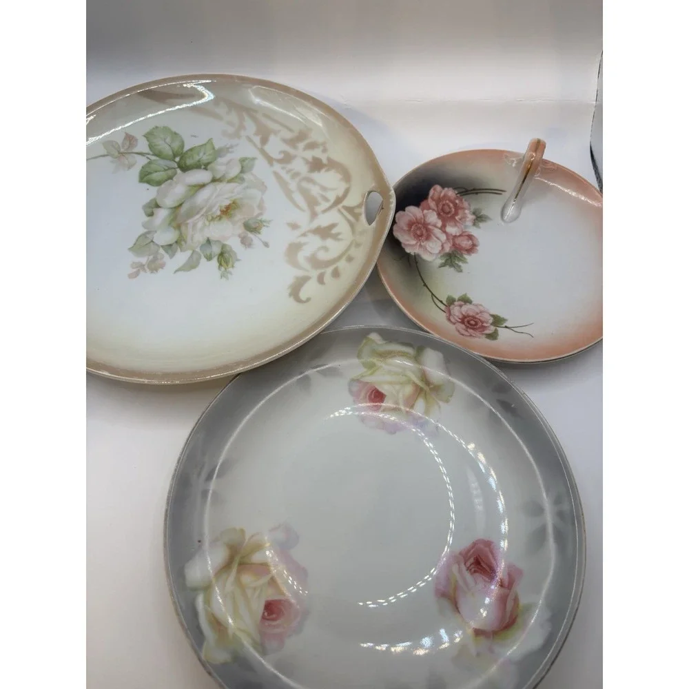Lot of 3 Vintage Plates Made In Germany Floral Design Gold Trim Antique Flowers